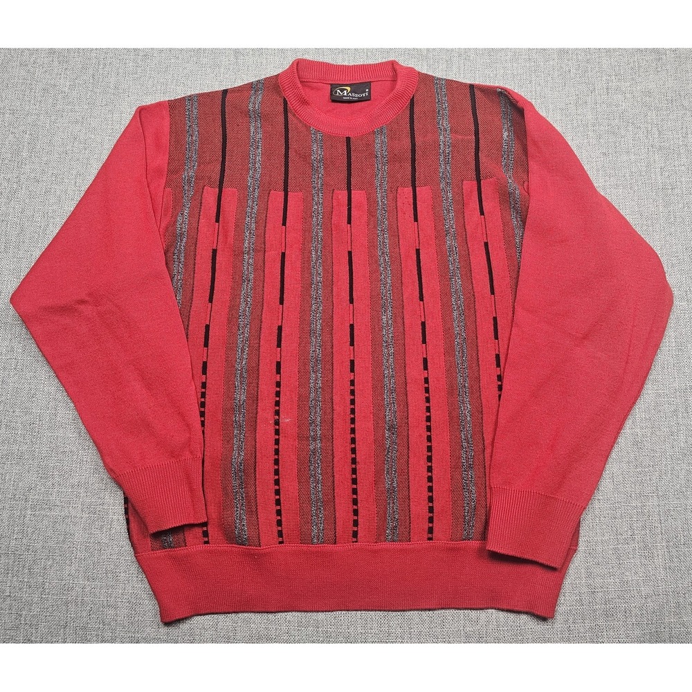 Massoti Sweater Mens Large Red Black Geometric Striped Knit Pullover Made Italy